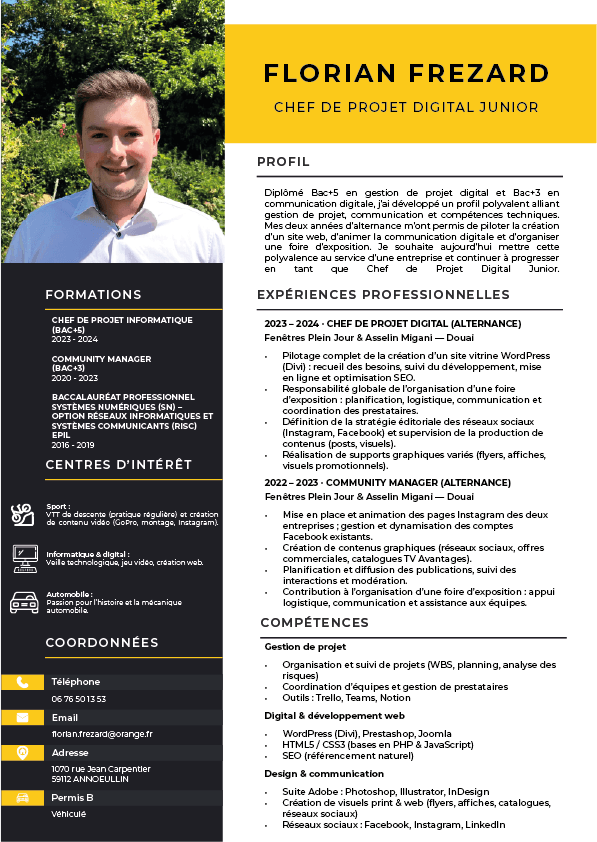 CV de Florian Frézard – Chef de projet digital junior 2025