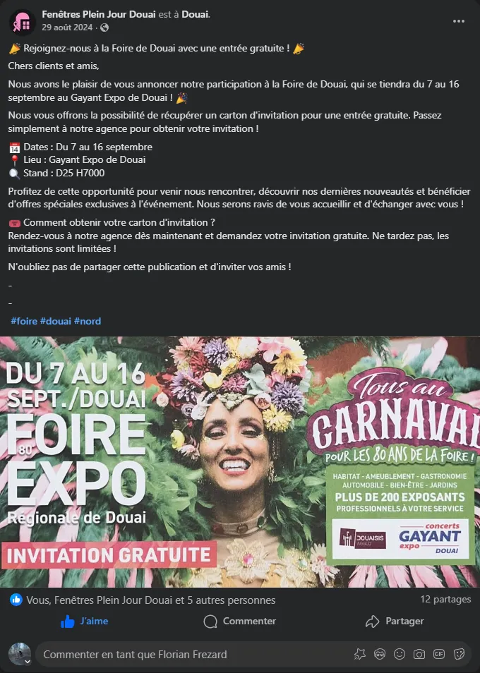 Publication d’invitation à la Foire de Douai (Facebook)