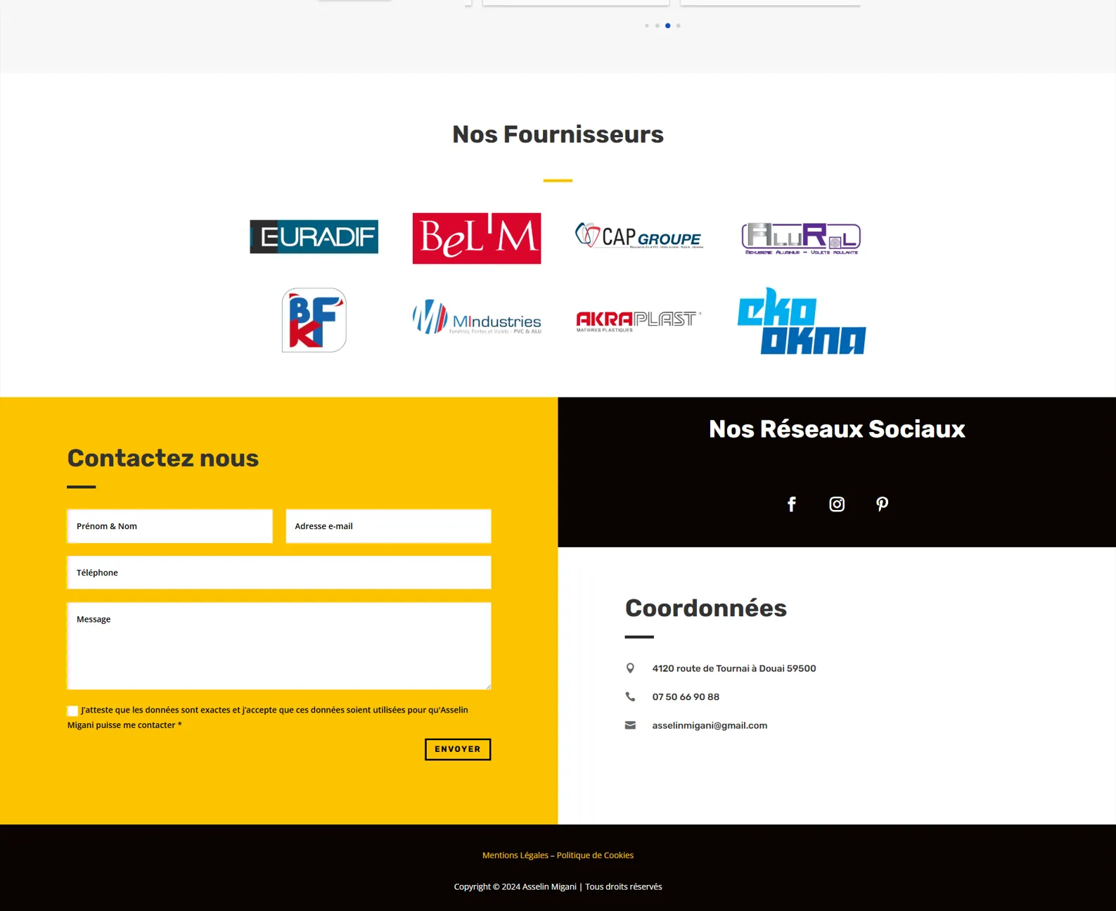 Asselin Migani â bas de page et footer avec liens et contact