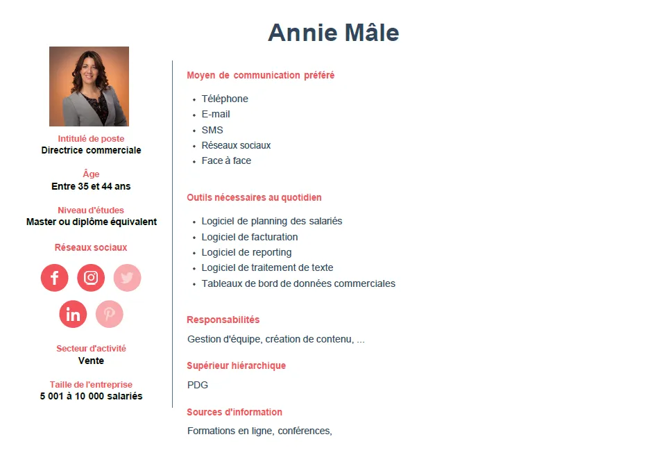 Persona Annie Mâle — Directrice commerciale, attentes et outils