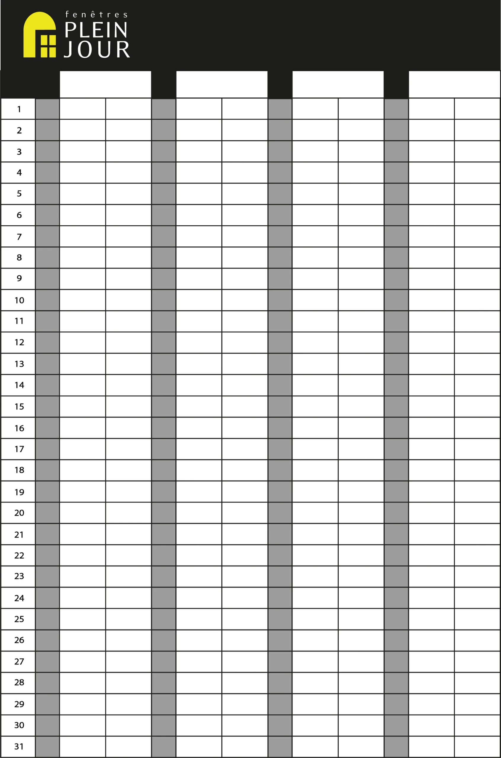 Planning mensuel Fenêtres Plein Jour — 4 groupes (dirigeants FPJ/AM + 2 équipes de pose)