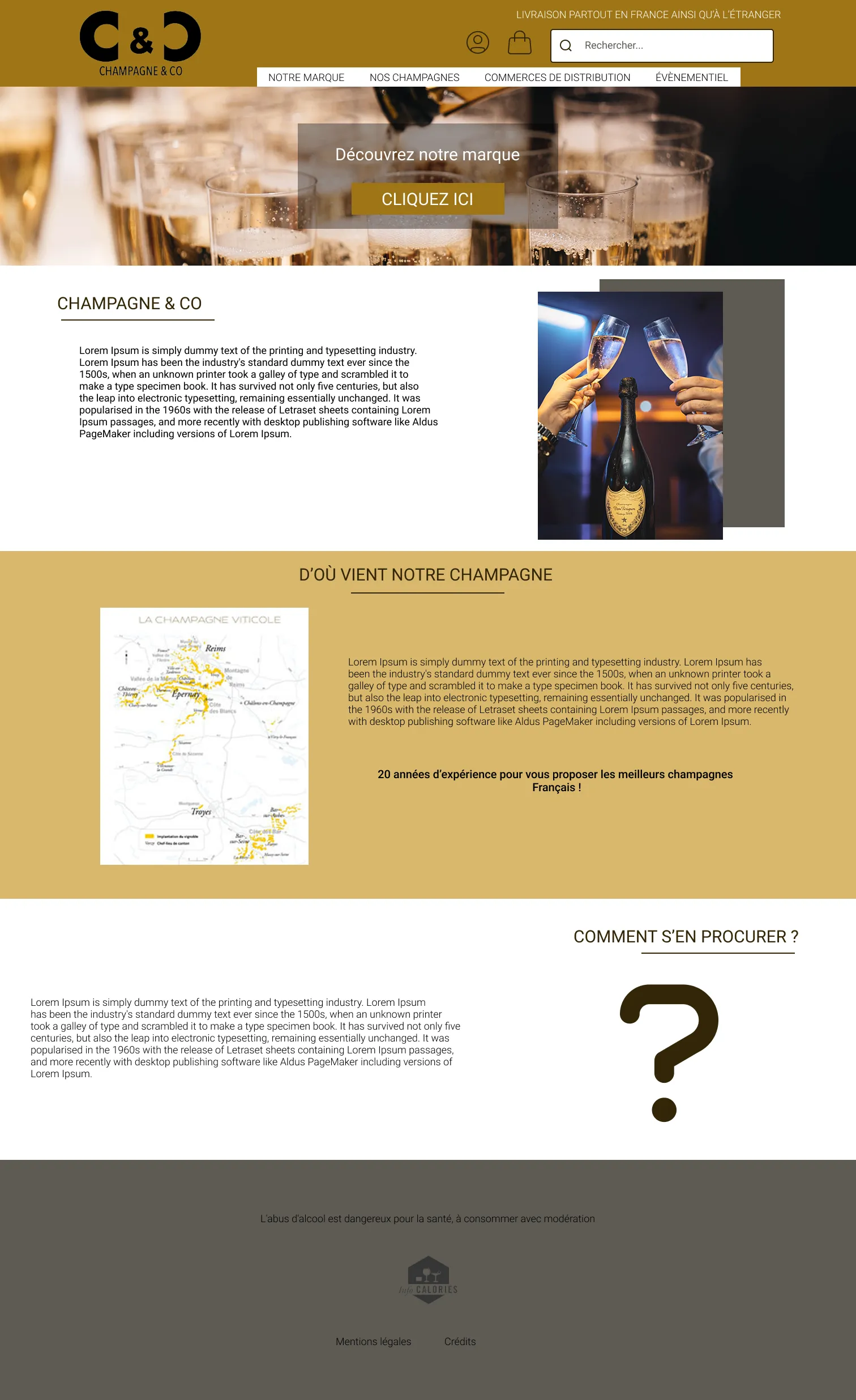 Aperçu de la page d’accueil Champagne & Co (en-tête, présentation et cartes de contenu)