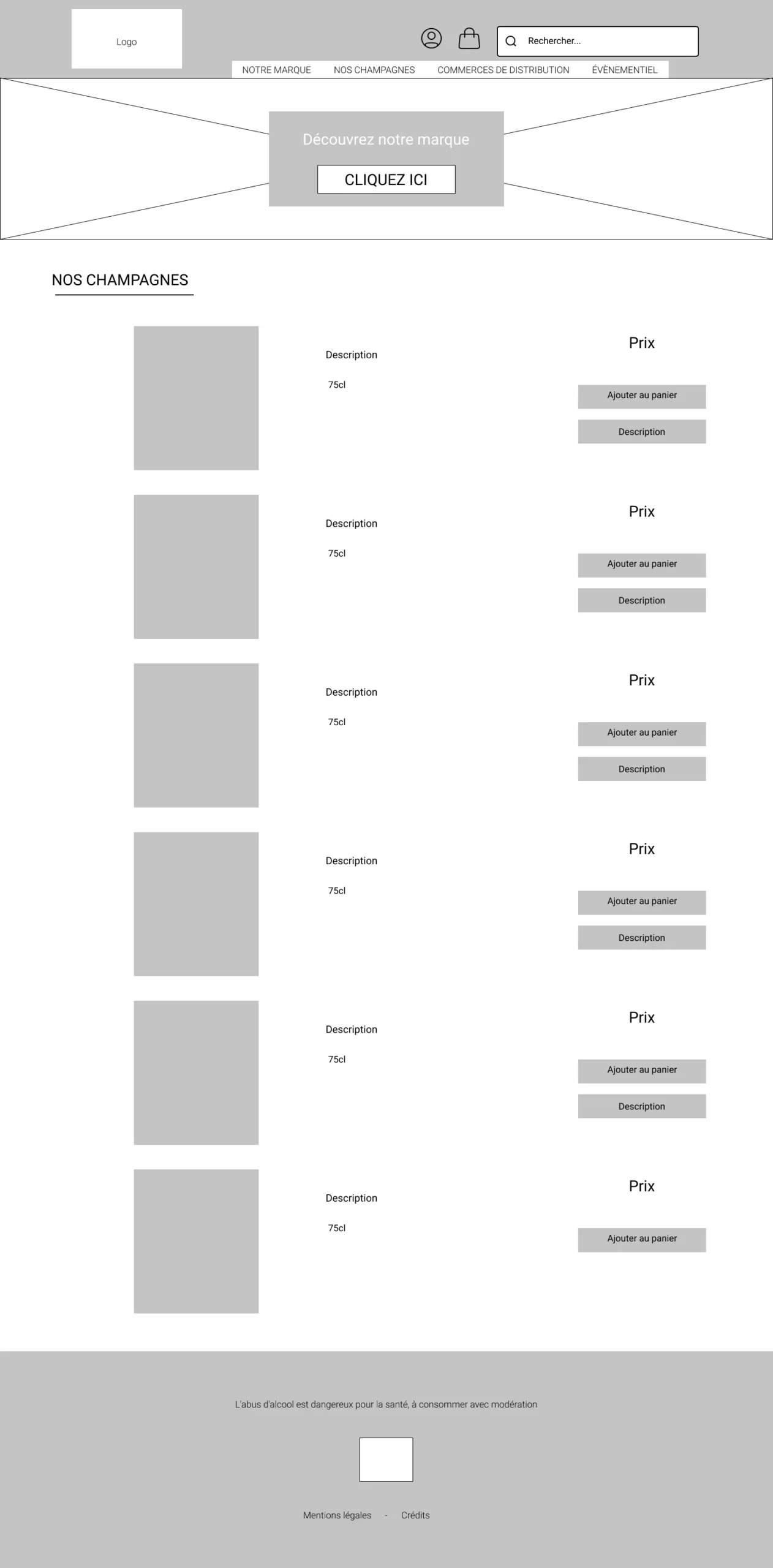 Wireframe de la page Nos Champagnes
