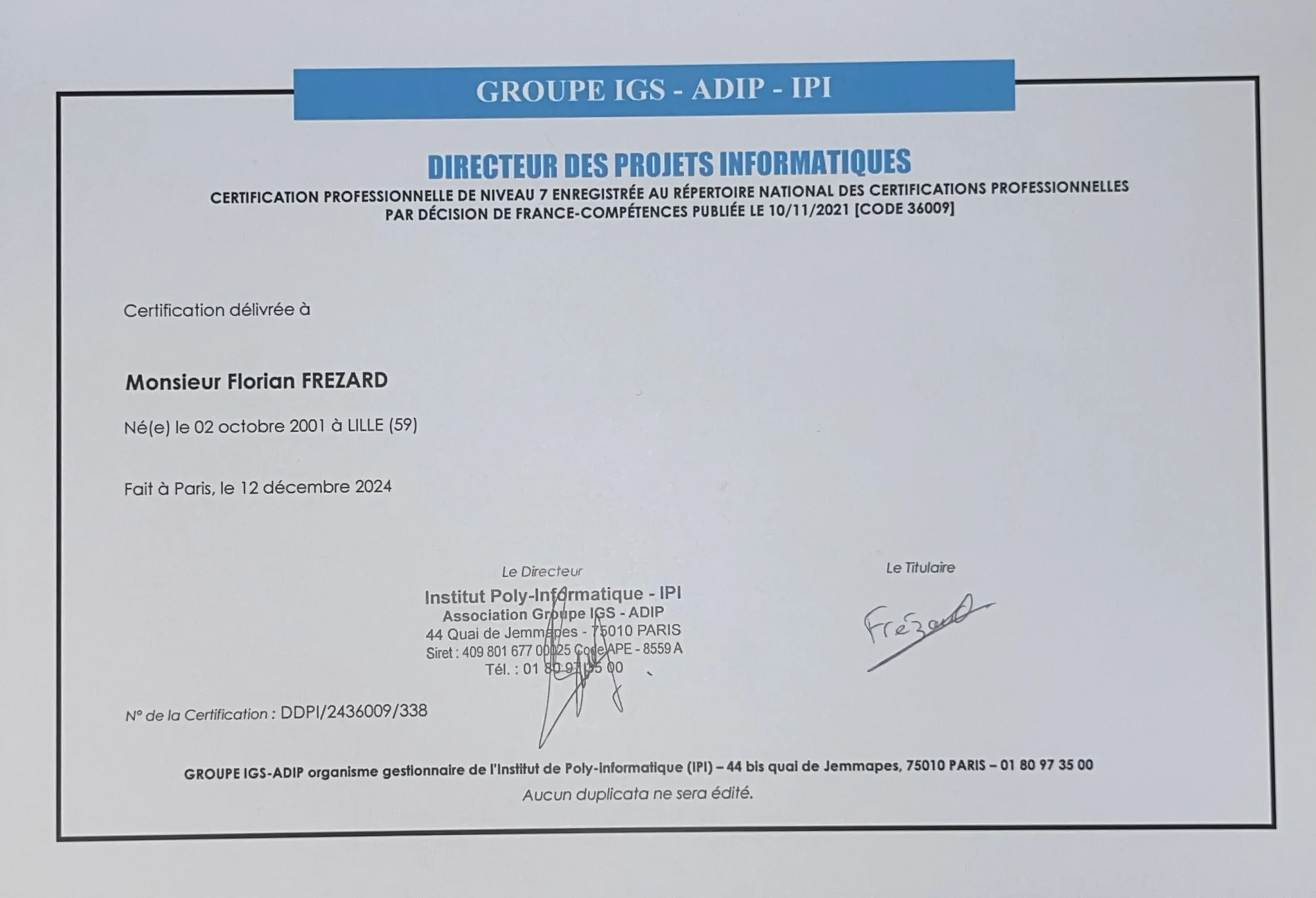 Certificat professionnel de Directeur de projets informatiques délivré à Florian Frézard.